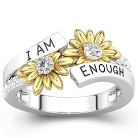 Jude Jewelers Rhodium Plated Silver Gold Two Tone Sun Flower I am Enough Mantra Inspirational Ring (Silver Gold, 7)