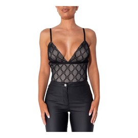 WOMEN'S BLACK MESH LOGO STRAPPY BODYSUIT SIZE UK 10