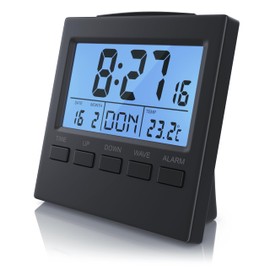 CSL - Funkwecker digital mit Temperaturanzeige - DCF-Funkuhr Reisewecker - 3,3 Zoll LCD-Display mit Blauer LED Hintergrundbeleuchtung - Innen- Datums- und Wochentagsanzeig