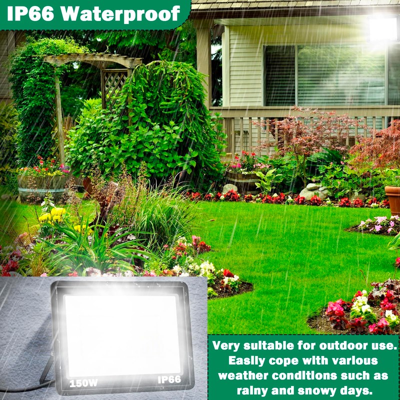 150W LED Flood Light,18000LM Floodlight with Plug,IP66 Waterproof Outdoor Lights,