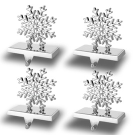 Set of 4 Christmas Snowflake Stocking Holders for Mantle, 3D Sliver 8 Corners Snowflake Sturdy Stocking Hook Christmas Ornaments for Tables Window Fireplace Mantle Home Decoration