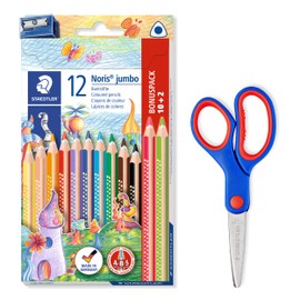 STAEDTLER Noris Jumbo 128 NC12P1X Thick Colouring Pencils in Triangular Shape and Craft Scissors Noris Club with Rounded Blades 12 Colouring Pencils Including Sharpener and 14 cm Scissors
