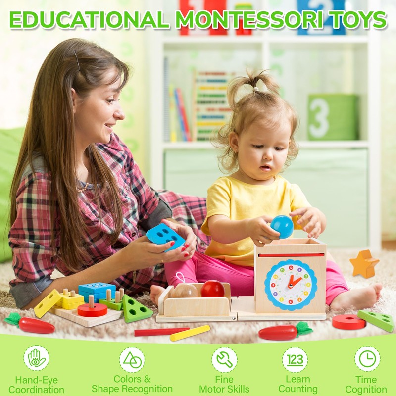 JUSTWOOD Montessori Toys for 1+ Year Old, 8-in-1 Wooden Play