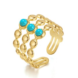 Joo&Rind Women's Rings with Turquoise Gemstone, 14k Gold-Plated Stainless Steel Rings, Open Adjustable Gold Ring, Hypoallergenic Jewellery, Gifts for Women, Stainless Steel, Created Turquoise
