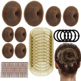 63-Piece Bun Donut For Hair Set In Different Sizes, Hair Bun Maker with Bobby Pins and Elastic Bands for Women Kids Ballet Dancers(Light Brown)