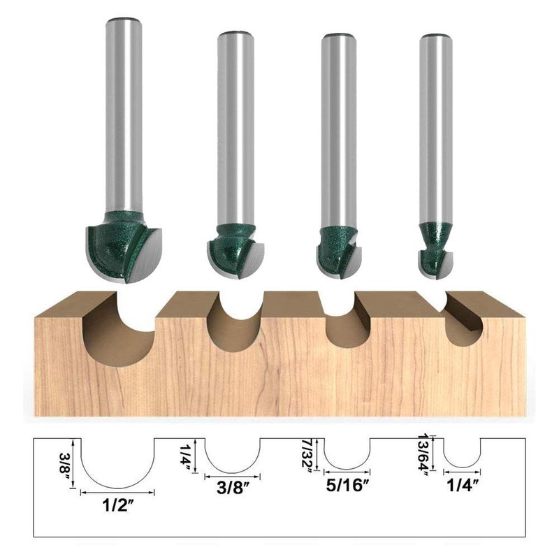 Bestgle 4pcs 1/4" Shank Professional Round Nose Core Box Router