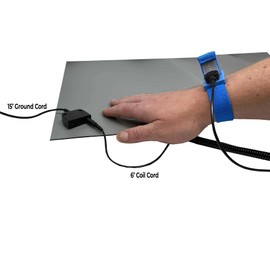 RubberStat Dual Layer ESD Compliant Workstation Rubber Table Mat Kit, Soldering, Cell Phone Repair, with Wrist Strap Set and Ground Cord - 24"x72" Grey