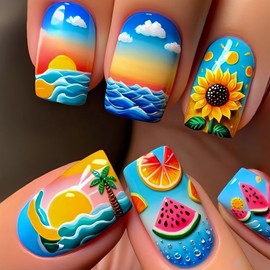 Summer Press on Nails Square Fake Nails with Flower Fruit design Beach False Nails Full Cover Medium Length Stick on Nails Colorful Glue on Nails for Women Tropical Nails Decor 24pcs