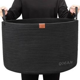 GOCAN Extra Large Storage Laundry Basket 22" X 22"X 14" Cotton Rope Woven Basket for Blanket Basket with Handles for Living Room Toys Storage XXXL (Pure Blk)