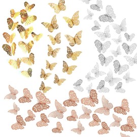 Allazone Pack of 72 3D Butterflies Decorative 3D Butterfly Wall Stickers Butterfly Stickers for Living Room, Children's Room, Doors, Windows, Bathroom, Rose Gold, Gold, Silver