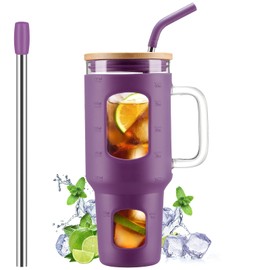 WINSA Glass Tumbler with Straw and Lid, 40 oz Glass Cup with Handle, Glass Water Bottles with Time Marker, 2 Straws - Pearl Straw & Drinking Straw Silicone Protective Sleeve-Dark Purple