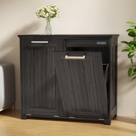 Smhxo Tilt Out Trash Cabinet, Wooden Kitchen Trash Can Cabinet with Deodorising Function, 2 * 10 Gallons Hidden Laundry Sorter Cabinet, Pure Dark Brown