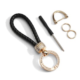Braided Leather Key Ring, Car Key Ring with Rhinestones, Unisex Key Holder, Key Ring, Gift for Men and Women, Multicoloured, black, Unit size