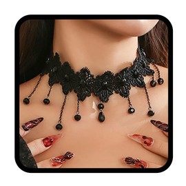 Zoestar Black Lace Choker Necklace Gothic Hollow Flower Necklaces Beaded Tassel Chokers Necklace Accessories for Women