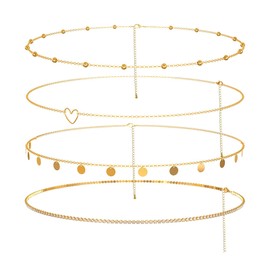 Pack of 4 Belly Chain, Adjustable Belly Chain, Gold, Belly Chain, Good for Combining Bikini Skirts, Shorts, Dresses, etc., to Add Style and Sexiness to Your Look, Non-Precious Metal, No Gemstone