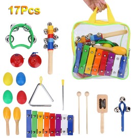 VGEBY 17pcs Juego Instrumentos Musicales de Percusión para Niños Juguetes de Xilófono Juguetes Educativos Juego de Banda Rítmica con Bolsa de Almacenamiento Instrumentos Musicales para Niños