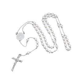 ChainsHouse Stainless Steel Rosary Necklace for Women Glass Pearl Beads Catholicc Rosary Necklace Catholic Jewelry Gift