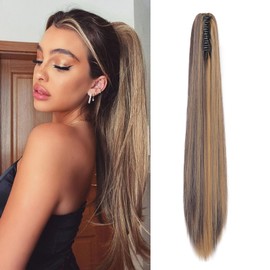 Cybelleza Ponytail Extensions Braid Ponytail Hairpiece Straight Long 55 cm Claw Clip in Hair Extension Synthetic Hair Extension Braid Extension for Women, Dark Blonde & Medium Brown