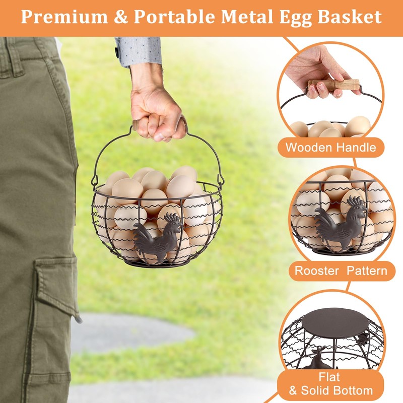 Farmhouse Egg 8'' Basket for Gathering Fresh Eggs, Wire Egg