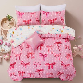 Holawakaka Girls Bow Bedding Comforter Set with Sheets Twin Size Kids Teen-Girls Polka Dots Bowknots Bed in A Bag 6 Pieces Girly Pinky Ribbon Bed Sets (Blush, Twin)