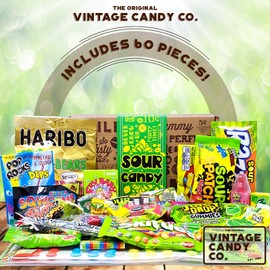 VINTAGE CANDY CO. PREMIUM SOUR CANDY GIFT BOX - Exclusive & Fun Assortment - Snack Gift or Care Package for Candy Lovers - Birthday, Holiday, or Special Occasion for Kids & Adults