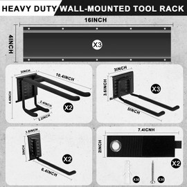 Heavy Duty Wall-Mounted Tool Rack, 12 Pack Garden Tool Rack for Workshop & Shed Storage with Adjustable Hooks and Nylon Extension Cord Holders(Black)