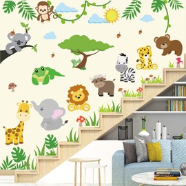 Supzone Jungle Animal Wall Stickers Forest Animal Tree Wall Decals Monkey Elephant Giraffe Cartoon Animal Wall Sticker for Kids Baby Nursery Playroom Bedroom Classroom Kindergarten Wall Decor