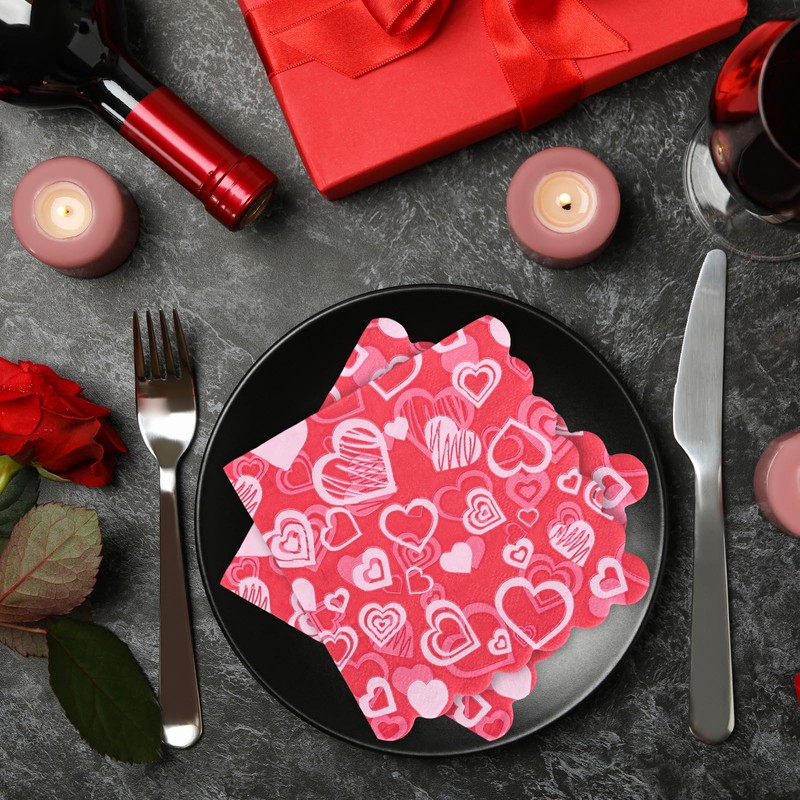 FYSUIMU 100Pcs Valentine's Day Paper Napkins Scalloped Pink Heart Disposable