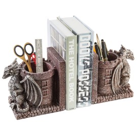 MyGift Resin Decorative Bookends and Pencil Holders with Dragon Guarding Castle Design