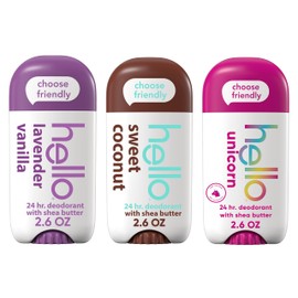 hello Deodorant Variety Pack, Aluminum Free Deodorant for Women and Men with Shea Butter, Lavender Vanilla, Sweet Coconut, Unicorn, Baking Soda Free, 3 x 2.6 oz Sticks