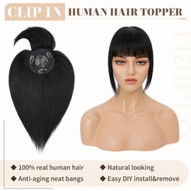 Hairro Clip in on Hair Topper with Bangs (#1 Jet Black) 100% Remy Real Human Hair Clip in Fringe Bang Secret Crown Hair Extensions for Women Lady Girl Remy Human Hair Mono Base Crown toppers for Hair Loss Thinning Hair Top Hairpiece for Concert Date Birt