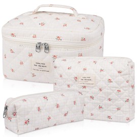 Makeup Bag Set, Quilted Makeup Bag, Large Floral Cosmetic Bag for Women, Cute Cotton Makeup Bags, Flower Travel Toiletry Organizer Bag(Plaid Floer)