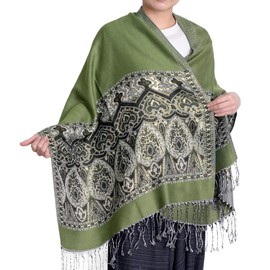 Marai Scarf, Large, Women's, Men's, Autumn & Winter, Weddings, Thick, Cashmere Touch, Pashmina, Scarf, Shawl, Large Stole, Shoulder Wrap, Haori Embroidery, Khaki