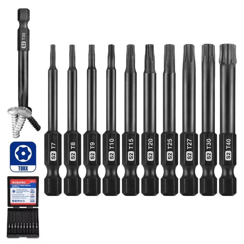 WORKPRO 10PCS Security Torx Bit Set 2.3" Long Torx Screwdriver