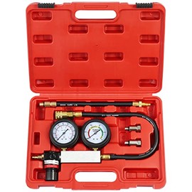 JoyFans Cylinder Leak Down Tester Kit, Professional Dual Pressure Gauges Engine Compression Leakdown Detector Leakage Test Set for Gasoline Engine with 10 12 14mm Spark Plugs Red