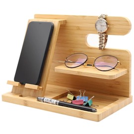 NOELAMOUR Smartphone Stand, Tabletop, Wooden Desk Organizer, Stylish, Portable, Gadgets, Small Items, Storage, (Log-style Light Brown)