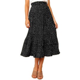 Oyamiki Womens High Waisted Pleated Dress Casual Polka Dot A-Line Long Black Midi Skirt Plus Size Skirts for Curvy Women Anniversary or Wedding, XL