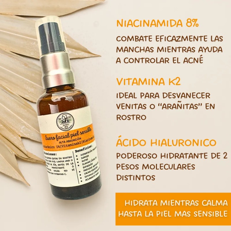 Suero Facial Niacinamina 8%, Ácido Hialuronico 1%, Vit. K2 Sensible