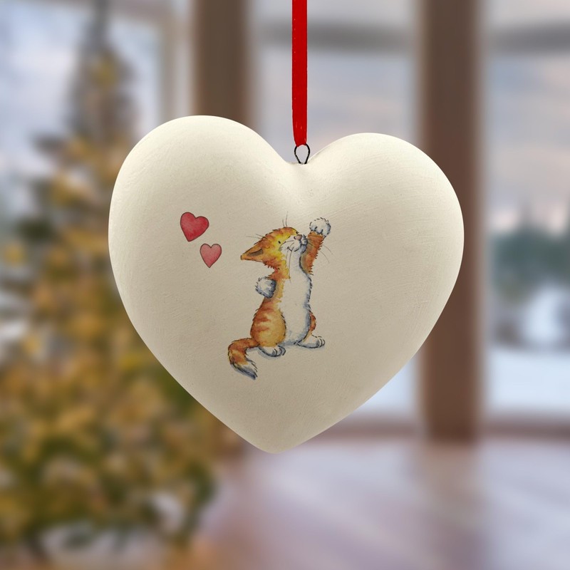 Image Industry Cat Ginger & White Ceramic Heart Bauble -