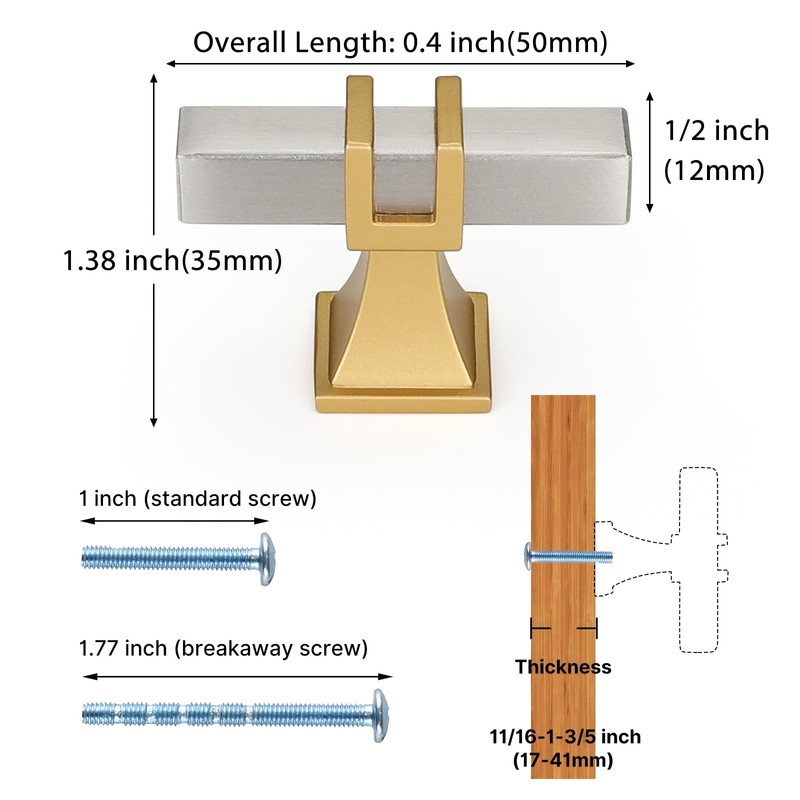 Haliwu 10 Pack Brushed Nickel Cabinet Knobs T-bar Silver&Gold Kitchen