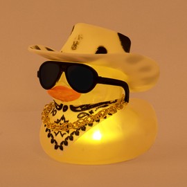 wonuu Car Rubber Duck with Light, Yellow Ducky with Bandana Necklace Sunglasses for Dashboard Decoration, Yellow Light-Black Dot Cowboy Hat