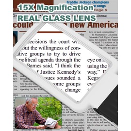 EVESVO 15X Magnifying Glass with Light and Stand, Rechargeable Folding Handheld Real Glass Magnifier, 3 Color Modes Dimmable Lighted Page Magnifying Sheet for Seniors Low Vision Small Prints