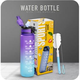 K-MART Sports Water Bottle with Straw and Time Marking, and 32OZ Capacity - Motivational and Eco-Friendly BPA-Free Bottle for Running, Gym, Yoga, Outdoors, and Camping (Style-1, Blue-Purple)