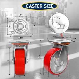 ZDNEY 6"x2" Heavy Duty Casters Set of 4-5000 lb Capacity Industrial Caster Wheels with Polyurethane & Cast Iron, Swivel Plate Casters for Platform Trucks, U-Boat Carts, Military Equipment (4 Swivel)