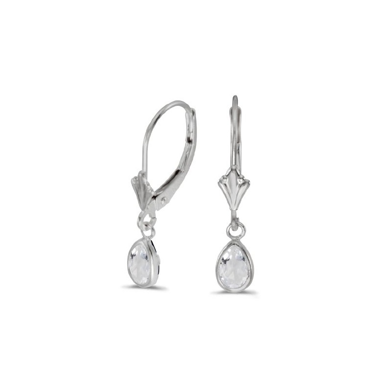14k White Gold Pear White Topaz Bezel Lever-back Earrings
