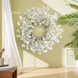 Summer Wreath for Front Door, 24 Inch White Cream Forsythia Summer Spring Wreath Blossom Cluster Flower Farmhouse on Grapevine for Christmas Festival Celebration Front Door Wall Window Hanging Décor