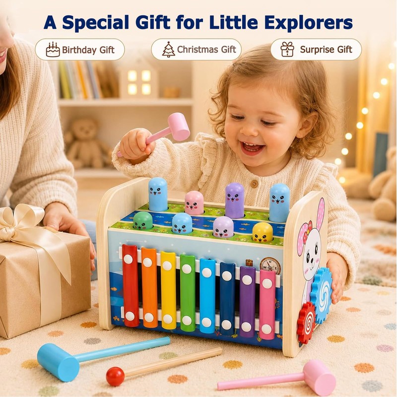 4-in-1 Wooden Hammering Toy with Xylophone, Clock and Gears, Ages