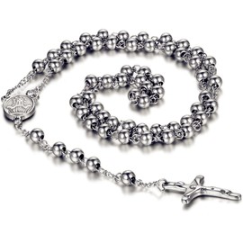 Flongo Womens Men's Stainless Steel 8mm Beads Silver Jesus Christ Crucifix Cross Rosary Pendant Necklace, 37 inch