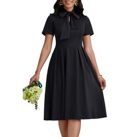 FANDEE Women's Elegant Casual Short Sleeve A-line Semi Formal Fit and Flare Dress Classy Tie Neck Work Party Dress Black
