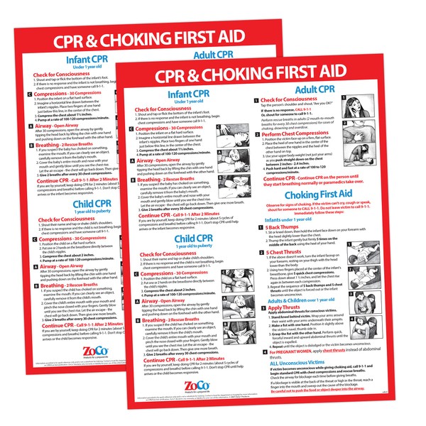 CPR Posters (2 Pack) - Laminated, 17 x 22 inches - Heimlich Maneuver Restaurant Signs - Infant, Child, Adult CPR and Choking First Aid Posters - School Nurse Office Decor